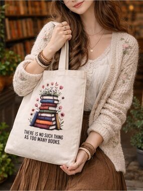 Book Lover Canvas Tote Bag There Is No Such Thing As Too Many Books Boho‎ Indie